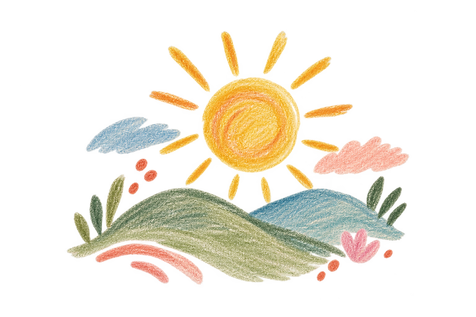 A colorful colored-pencil drawing of a sun over rolling hills